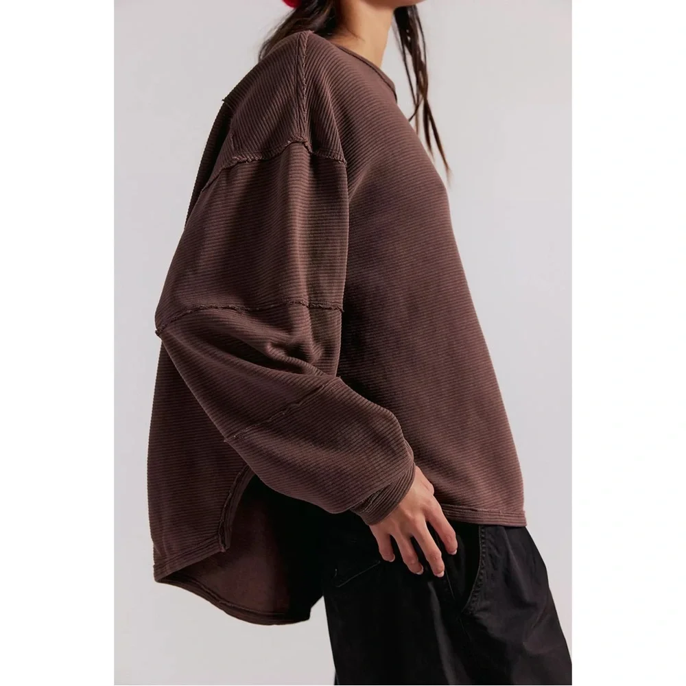 Free People We The Free Total Eclipse Long Sleeve Oversized Pullover Tee Brown - Picture 3 of 11